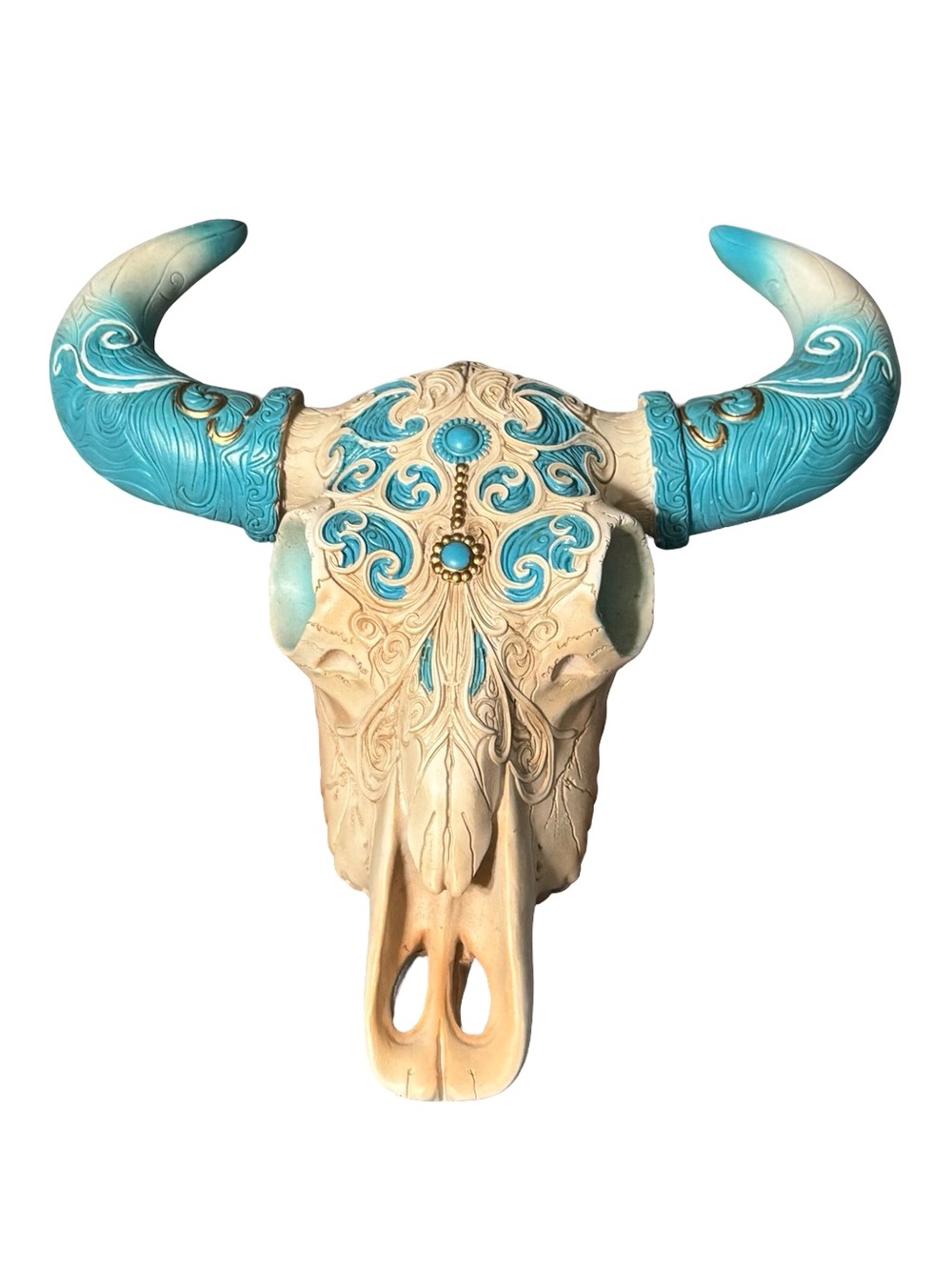 Western Boho Resin Scroll Turquoise Faux Bull Skull Decorative Wall Hanging